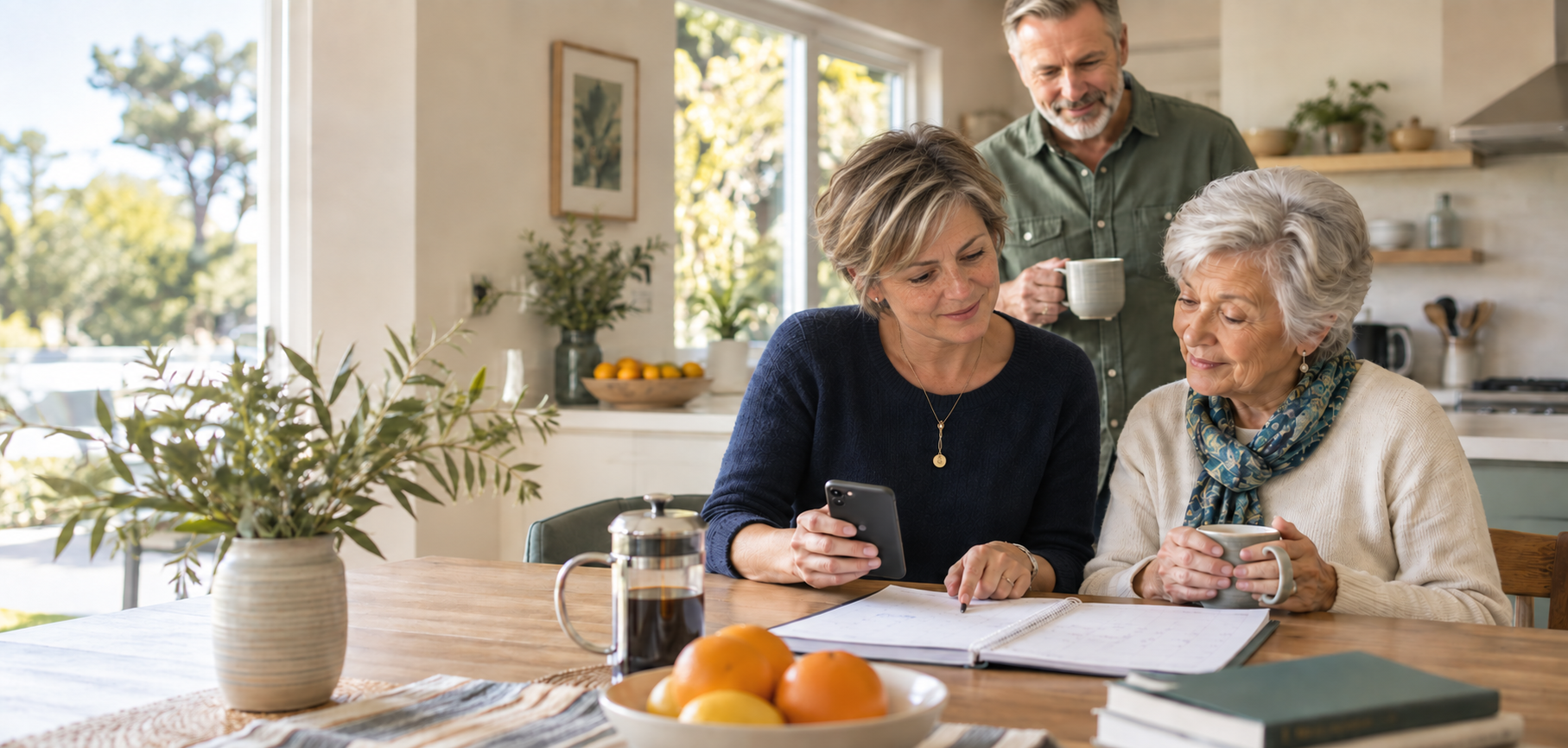 A family sharing care plans together around a kitchen table
