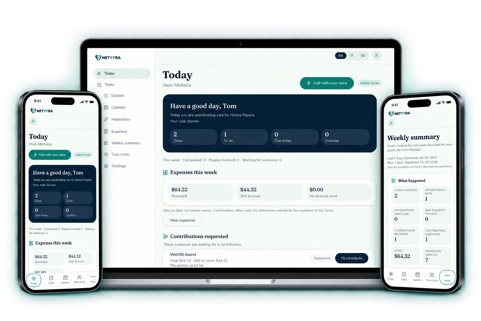 Netyyra dashboard shown on a laptop, tasks screen on a phone and weekly summary on another phone