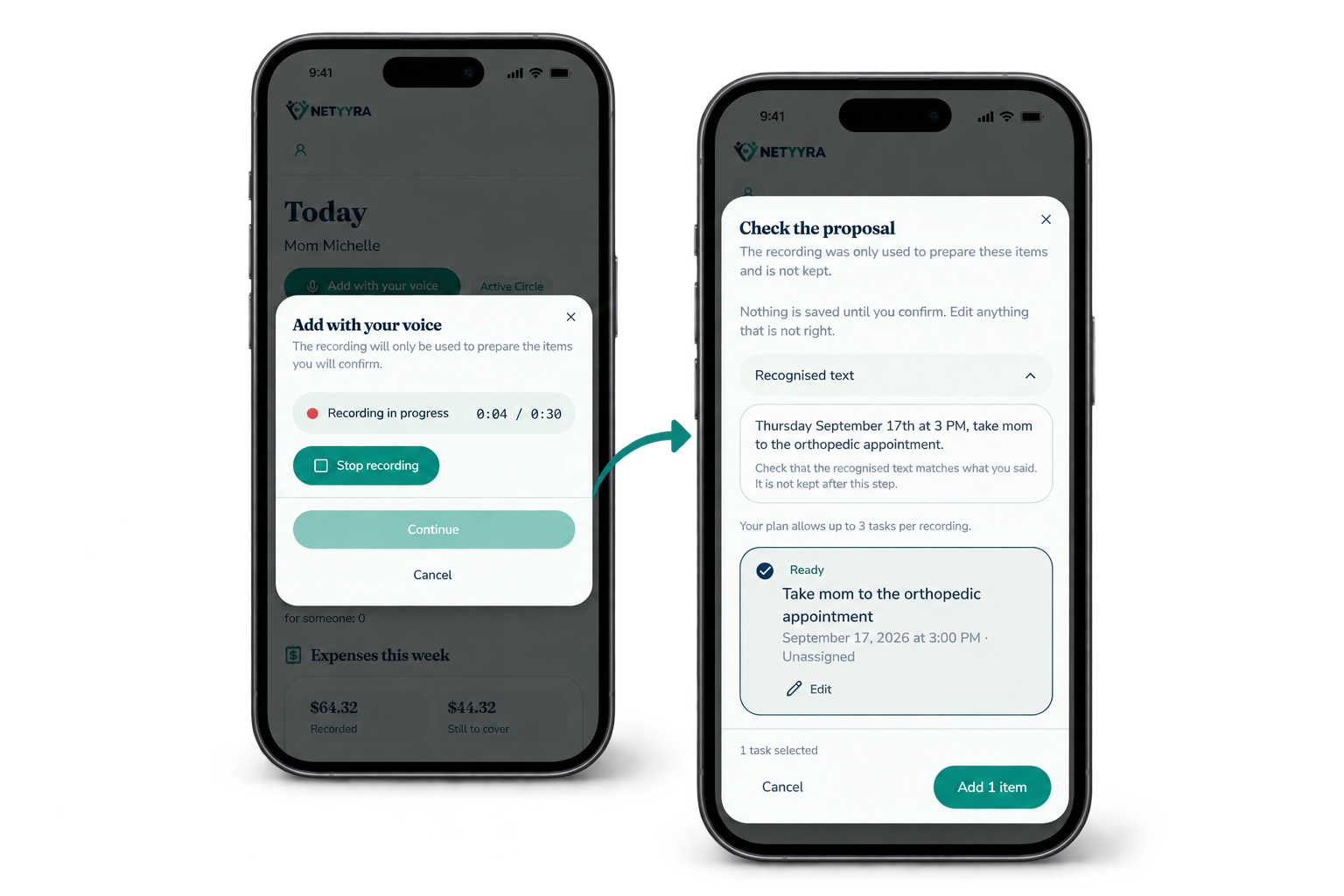 Netyyra voice recording and proposal review shown on two phones